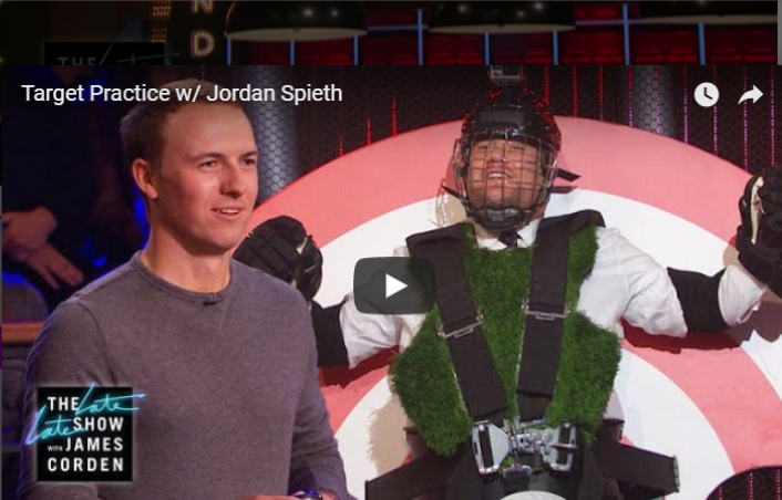 See Jordan Spieth hit golfballs at TV presenter.